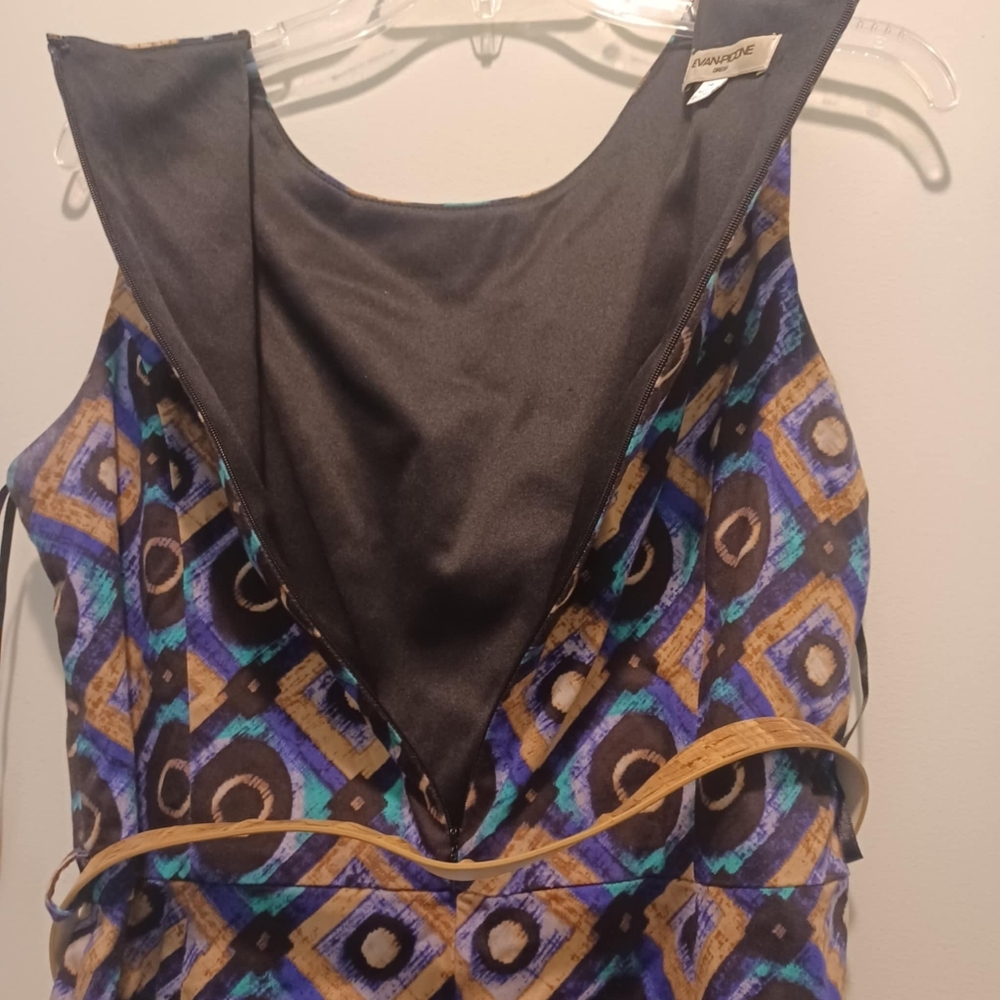 Evan Picone Midi Dress Womens 14 Peacock Color Geometric Casual Boho Belted READ - Picture 7 of 9